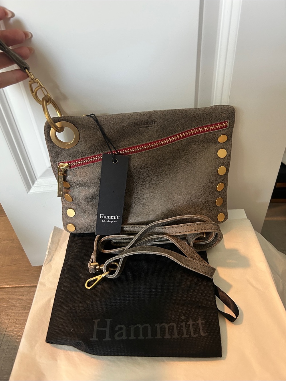 Hammitt Taupe Leather Crossbody with Red Zip and Gold Studs